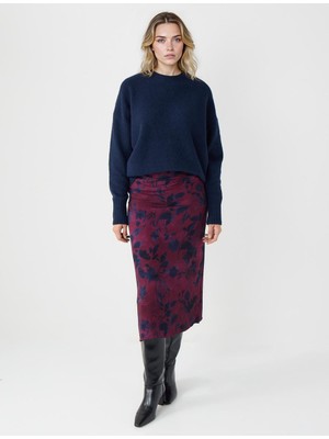 Jimmy Key Lacivert Rahat Kesim Normal Bel Çiçek Desenli Midi Etek