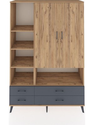 Dienni Hyperion Dolap 8 Raflı 4 Çekmeceli 2 Kapaklı 132X44X195 Çam-Çam/antrasit