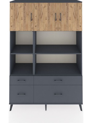 Dienni Hyperion Dolap 8 Raflı 4 Çekmeceli 3 Kapaklı 132X44X195 Antrasit-Çam/antrasit