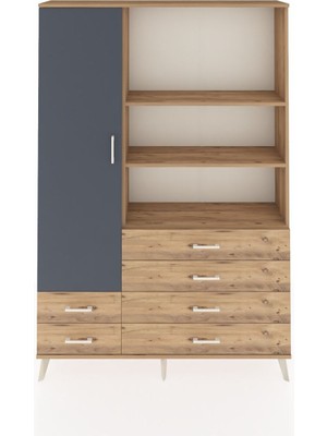 Dienni Arges Dolap 7 Raflı 6 Çekmeceli Tek Kapaklı  132X30X195 Çam-Antrasit/çam