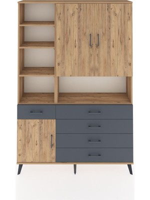 Dienni Arges Dolap 8 Raflı 5 Çekmeceli 3 Kapaklı 132X30X195 Çam-Çam/antrasit