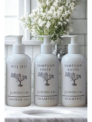JUNIBELIW 3lü Set Beyaz Plastik Şişe Boş Erkek Şampuan Kadın Şampuan Duş Jeli Etiketli Şişe 3X400 ml