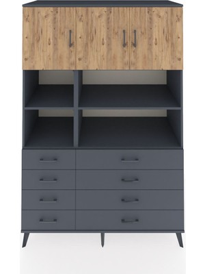 Dienni Kronos Dolap 8 Raflı 8 Çekmeceli 3 Kapaklı 132X59X195 Antrasit-Çam/antrasit