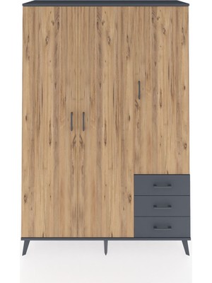 Dienni Hyperion Dolap 6 Raflı 3 Çekmeceli Tek Askılı 132X44X195 Antrasit-Çam/antrasit