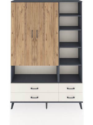 Dienni Arges Dolap 10 Raflı 4 Çekmeceli 2 Kapaklı 132X30X195 Antrasit-Çam/aytaşı