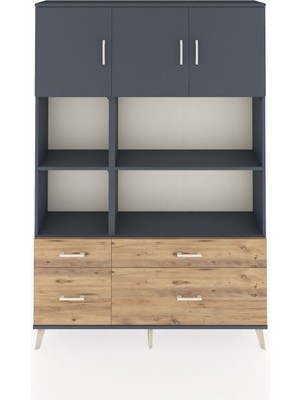 Dienni Arges Dolap 8 Raflı 4 Çekmeceli 3 Kapaklı 132X30X195 Antrasit-Antrasit/çam