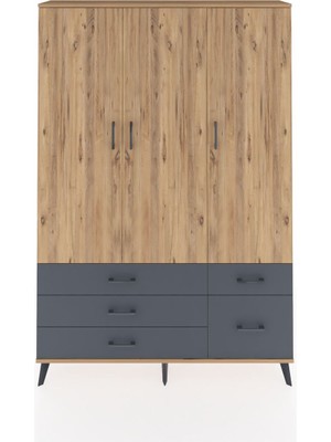 Dienni Arges Dolap 5 Raflı 5 Çekmeceli Tek Askılı 132X30X195 Çam-Çam/antrasit
