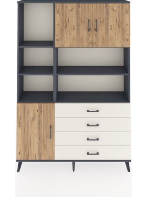 Dienni Arges Dolap 8 Raflı 4 Çekmeceli 3 Kapaklı 132X30X195 Antrasit-Çam/aytaşı