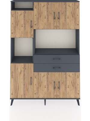 Dienni Arges Dolap 8 Raflı 2 Çekmeceli 6 Kapaklı 132X30X195 Antrasit-Çam/antrasit