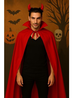 Toyfest Cadılar Bayramı Kostümü Erkek | Yakalı Kırmızı Şeytan Pelerini + Küçük Boynuzlu Taç | 120 cm