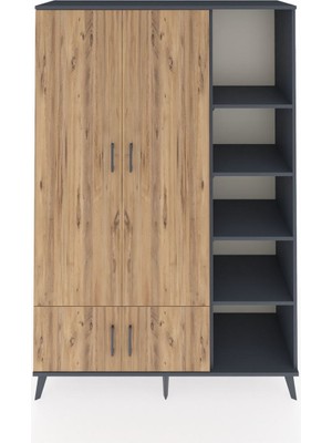 Dienni Hyperion Dolap 6 Raflı 4 Kapaklı Tek Askılı 132X44X195 Antrasit-Çam/antrasit