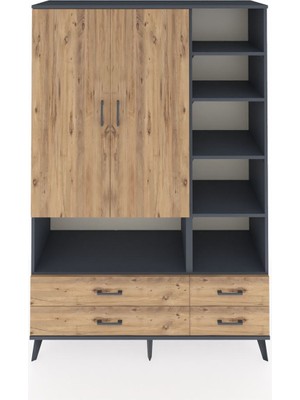 Dienni Hyperion Dolap 10 Raflı 4 Çekmeceli 2 Kapaklı 132X44X195 Antrasit-Çam/çam