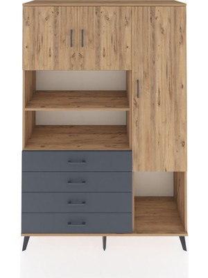 Dienni Hyperion Dolap 8 Raflı 4 Çekmeceli 3 Kapaklı 132X44X195 Çam-Çam/antrasit