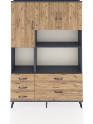 Dienni Arges Dolap 8 Raflı 5 Çekmeceli 3 Kapaklı 132X30X195 Antrasit-Çam/çam