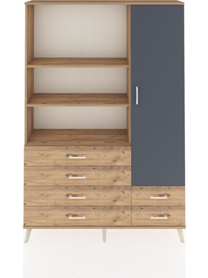 Dienni Arges Dolap 7 Raflı 6 Çekmeceli Tek Kapaklı  132X30X195 Çam-Antrasit/çam