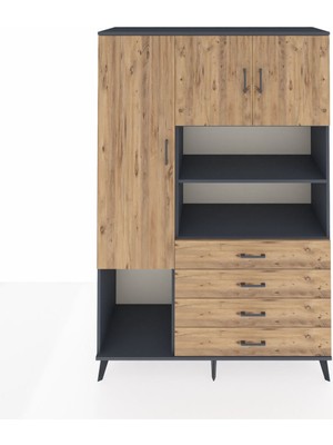 Dienni Hyperion Dolap 7 Raflı 4 Çekmeceli 3 Kapaklı 132X44X195 Antrasit-Çam/çam