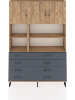 Dienni Arges Dolap 8 Raflı 8 Çekmeceli 3 Kapaklı 132X30X195 Çam-Çam/antrasit
