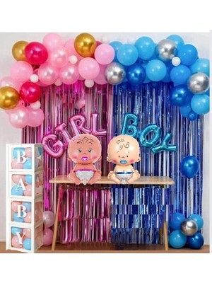 Sinda Cinsiyet Belirleme Parti Seti;fon Perde Folyo,2 Adet Folyo Bebek Balon ve Balon Zinciri