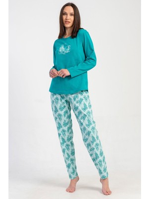 Vienetta Kadın Büyük Beden Yeşil Renk Uzun Kollu Bisiklet Yaka Desenli Pijama Takımı C7T7N0205