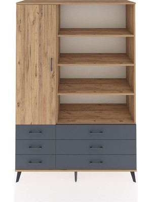 Dienni Hyperion Dolap 8 Raflı 6 Çekmeceli Tek Kapaklı  132X44X195 Çam-Çam/antrasit