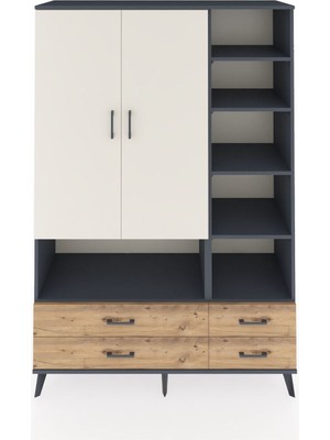 Dienni Hyperion Dolap 10 Raflı 4 Çekmeceli 2 Kapaklı 132X44X195 Antrasit-Aytaşı/çam