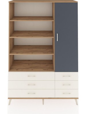 Dienni Hyperion Dolap 8 Raflı 6 Çekmeceli Tek Kapaklı  132X44X195 Çam-Antrasit/aytaşı