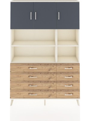 Dienni Arges Dolap 8 Raflı 8 Çekmeceli 3 Kapaklı 132X30X195 Aytaşı-Antrasit/çam