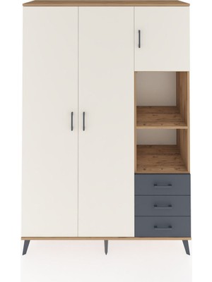 Dienni Hyperion Dolap 5 Raflı 3 Çekmeceli Tek Askılı 132X44X195 Çam-Aytaşı/antrasit