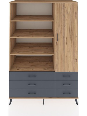 Dienni Kronos Dolap 8 Raflı 6 Çekmeceli Tek Kapaklı  132X59X195 Çam-Çam/antrasit