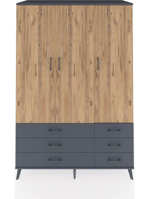 Dienni Kronos Dolap 5 Raflı 6 Çekmeceli Tek Askılı 132X59X195 Antrasit-Çam/antrasit