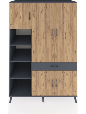 Dienni Kronos Dolap 8 Raflı Tek Çekmeceli 5 Kapaklı 132X59X195 Antrasit-Çam/antrasit