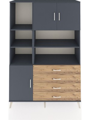 Dienni Hyperion Dolap 8 Raflı 4 Çekmeceli 3 Kapaklı 132X44X195 Antrasit-Antrasit/çam