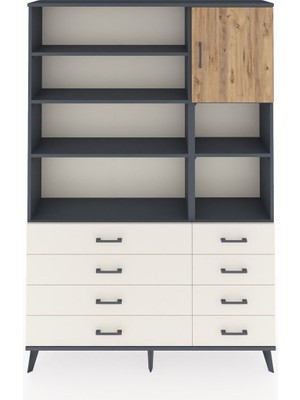 Dienni Arges Dolap 8 Raflı 8 Çekmeceli Tek Kapaklı  132X30X195 Antrasit-Çam/aytaşı