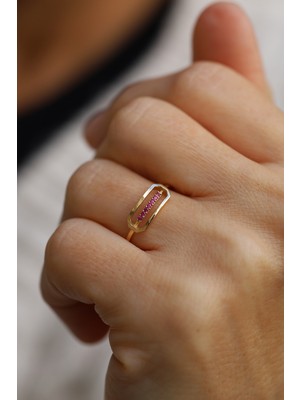 Yenigün Kuyumculuk 14 Ayar Altın Fuşya Taş Kaplama Detaylı Içi Boş Sekizgen Yüzük
