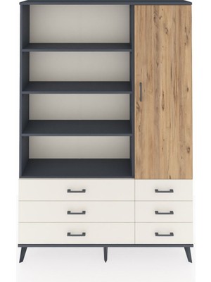 Dienni Arges Dolap 8 Raflı 6 Çekmeceli Tek Kapaklı  132X30X195 Antrasit-Çam/aytaşı