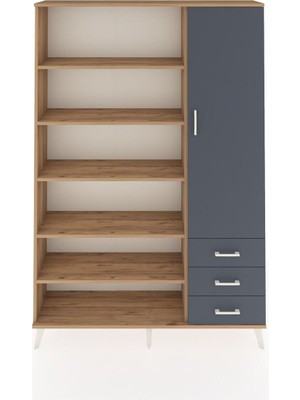 Dienni Arges Dolap 9 Raflı 3 Çekmeceli Tek Kapaklı  132X30X195 Çam-Antrasit/antrasit
