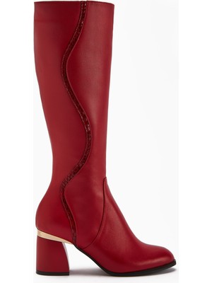 Limoya Kaylin Hakiki Deri Kırmızı Yılan Desenli Detaylı Kadın Topuklu Çizme