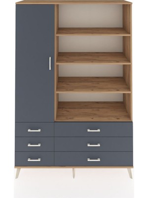 Dienni Hyperion Dolap 8 Raflı 6 Çekmeceli Tek Kapaklı  132X44X195 Çam-Antrasit/antrasit