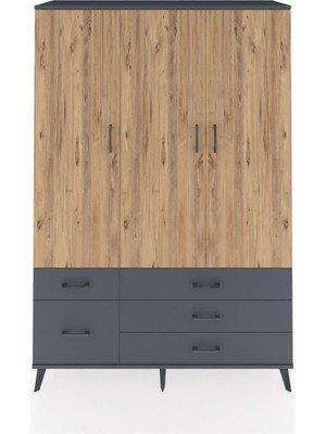 Dienni Hyperion Dolap 5 Raflı 5 Çekmeceli Tek Askılı 132X44X195 Antrasit-Çam/antrasit