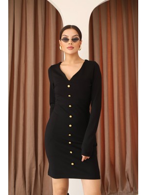 Moviment Siyah Interlok V Yaka Önü Gold Düğme Detaylı Diz Üstü Kadın Elbise