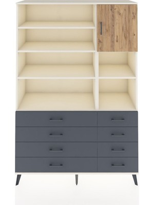Dienni Hyperion Dolap 8 Raflı 8 Çekmeceli Tek Kapaklı  132X44X195 Aytaşı-Çam/antrasit