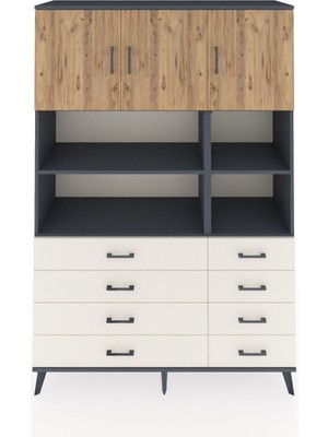 Dienni Hyperion Dolap 8 Raflı 8 Çekmeceli 3 Kapaklı 132X44X195 Antrasit-Çam/aytaşı