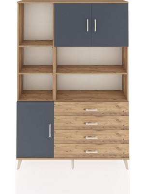 Dienni Arges Dolap 8 Raflı 4 Çekmeceli 3 Kapaklı 132X30X195 Çam-Antrasit/çam