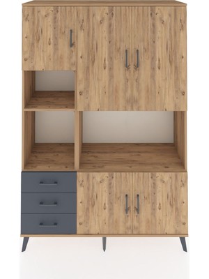 Dienni Hyperion Dolap 9 Raflı 3 Çekmeceli 5 Kapaklı 132X44X195 Çam-Çam/antrasit