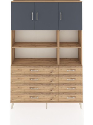 Dienni Arges Dolap 8 Raflı 8 Çekmeceli 3 Kapaklı 132X30X195 Çam-Antrasit/çam