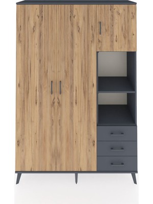 Dienni Hyperion Dolap 5 Raflı 3 Çekmeceli Tek Askılı 132X44X195 Antrasit-Çam/antrasit