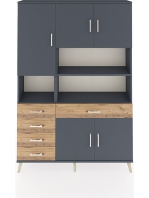 Dienni Arges Dolap 9 Raflı 5 Çekmeceli 5 Kapaklı 132X30X195 Antrasit-Antrasit/çam