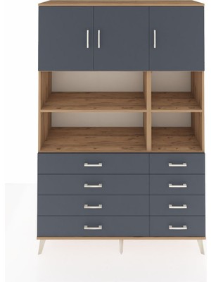 Dienni Hyperion Dolap 8 Raflı 8 Çekmeceli 3 Kapaklı 132X44X195 Çam-Antrasit/antrasit