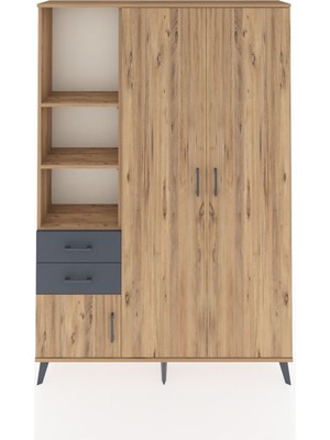 Dienni Arges Dolap 5 Raflı 2 Çekmeceli Tek Askılı 132X30X195 Çam-Çam/antrasit
