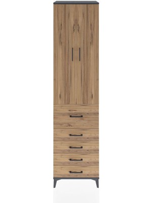 Dienni Hyperion Dolap 4 Raflı 5 Çekmeceli 2 Kapaklı 60X44X243 Antrasit-Çam